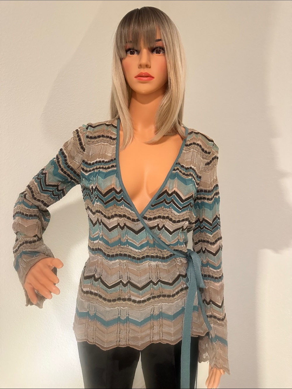 MISSONI Chevron Wrap Knit Top in Teal,Beige, silver with side tie.